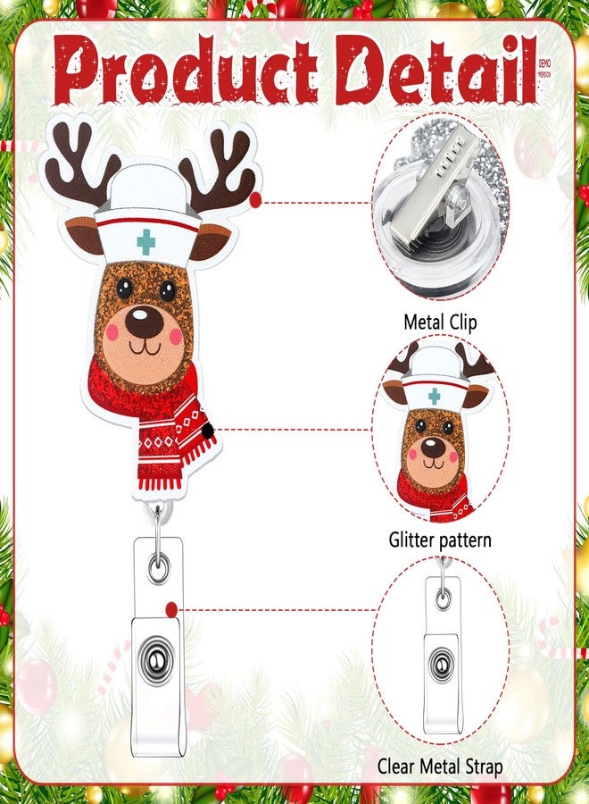 Otuuz 6 Pcs Christmas Nurse Badge Reels Retractable Glitter Elk Snowman Christmas Tree Badge Holder Bling Cute Holiday Reels for Nurse Doctor Medical Field - Image 3