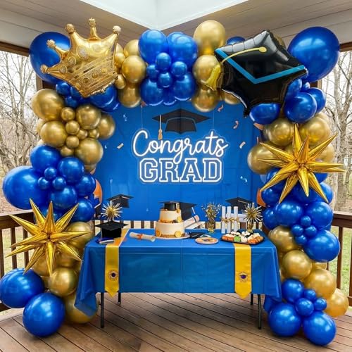 froufing Royal Blue and Gold Graduation Balloon Garland Arch Kit 105 PCS with foil star crown graduation cap balloons for School students graduate class of 2025 Prom Party Decorations Royal Blue Gold - Image 1