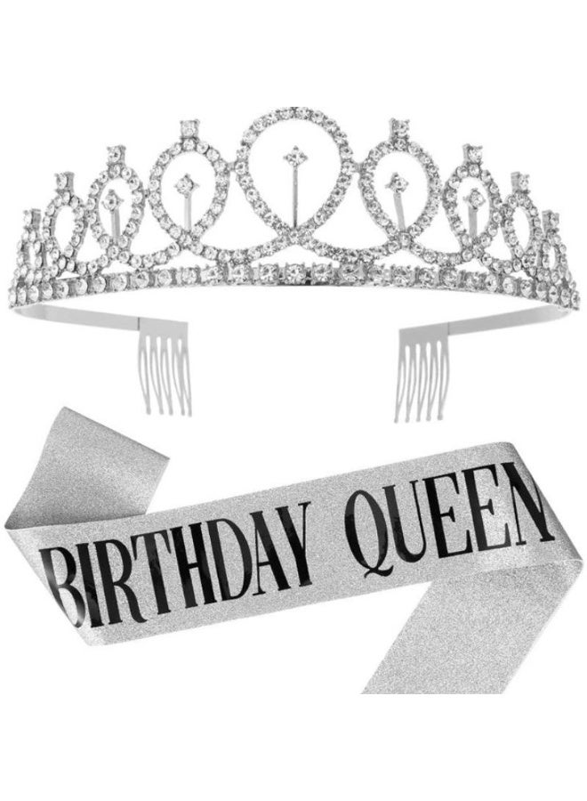 YOUHUAGUO Silver Birthday Queen Sash Tiara Crown Set for Women Girls Birthday Party Favor Gift - Image 1