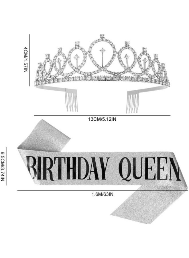 YOUHUAGUO Silver Birthday Queen Sash Tiara Crown Set for Women Girls Birthday Party Favor Gift - Image 2