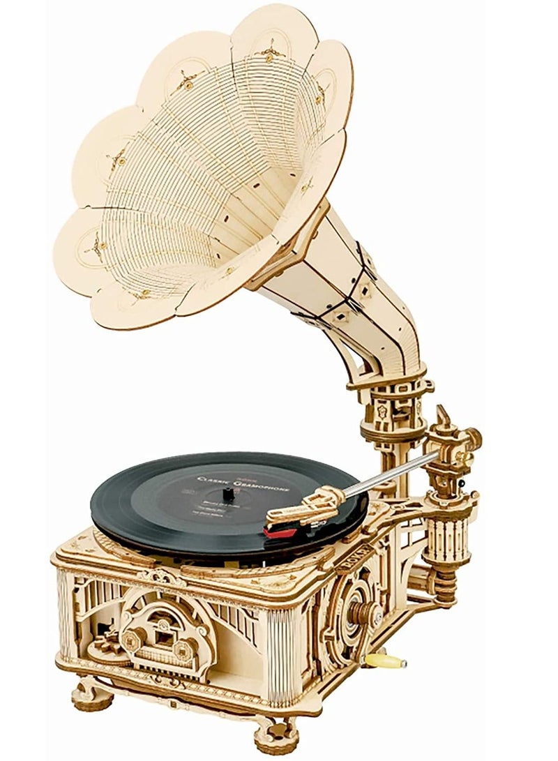 3D Wooden Puzzles Gramophone for Adults - DIY Mechanical Model Kit 1:1 Replica Record Player Support 7" Vinyl Premium Gift Home Decor - Image 1