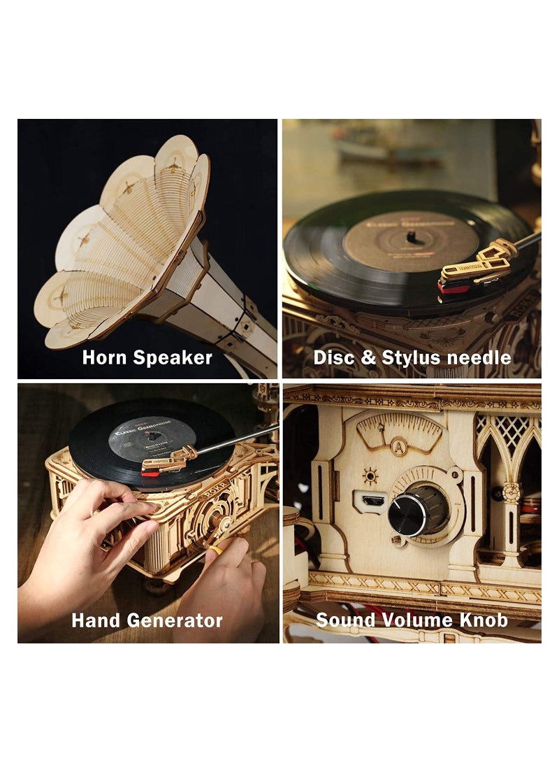 3D Wooden Puzzles Gramophone for Adults - DIY Mechanical Model Kit 1:1 Replica Record Player Support 7" Vinyl Premium Gift Home Decor - Image 3
