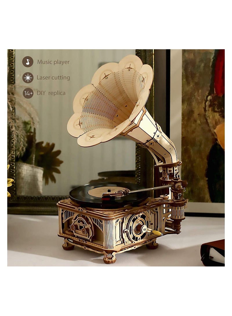 3D Wooden Puzzles Gramophone for Adults - DIY Mechanical Model Kit 1:1 Replica Record Player Support 7" Vinyl Premium Gift Home Decor - Image 2