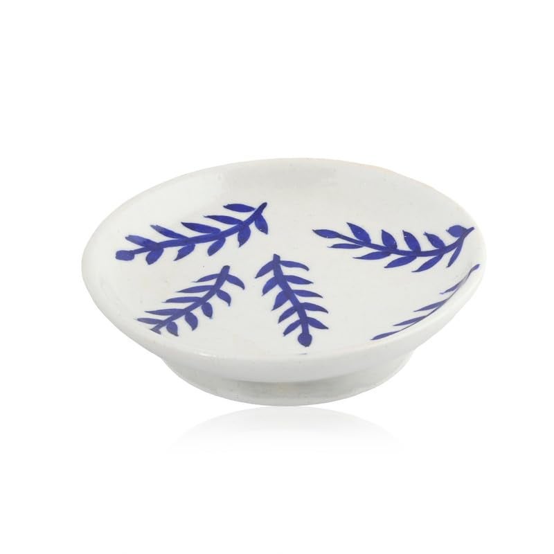 NATRIEL Blue Pottery White Color Plate Artisan Handcrafted Plate for Classic Home and Kitchen Decor and Serving Handmade and Handpainted Leaf White 6 to 8 - Image 1