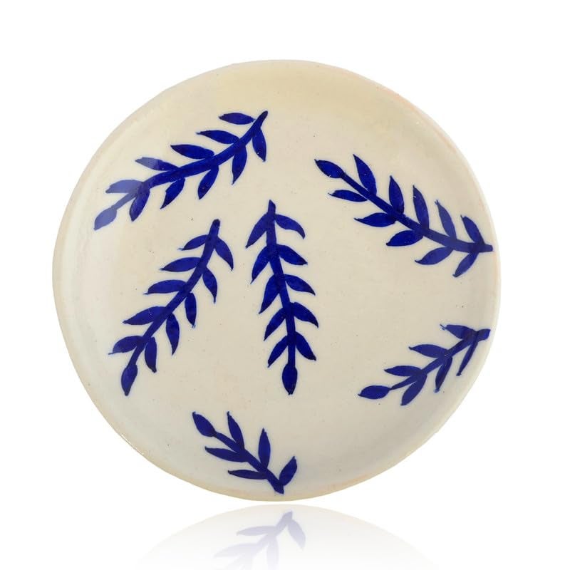 NATRIEL Blue Pottery White Color Plate Artisan Handcrafted Plate for Classic Home and Kitchen Decor and Serving Handmade and Handpainted Leaf White 6 to 8 - Image 2