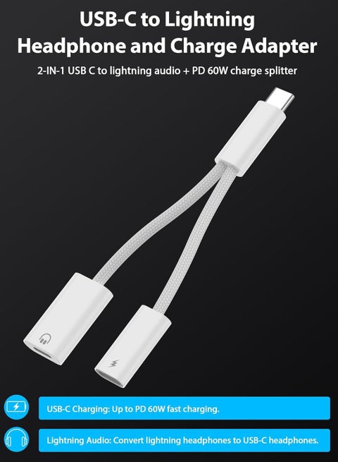 Generic 2IN1 USB C to Lightning Headphone Audio Adapter with 60W