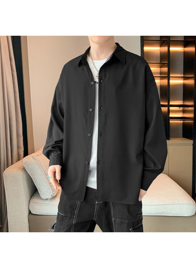 Foss Phil Men's Spring And Autumn Hong Kong Style Casual Shirt Long Sleeve Shirt Bottoming Shirt Loose Top 7304 Black M - Image 2