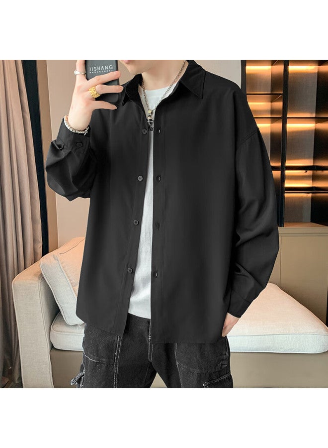Foss Phil Men's Spring And Autumn Hong Kong Style Casual Shirt Long Sleeve Shirt Bottoming Shirt Loose Top 7304 Black M - Image 4