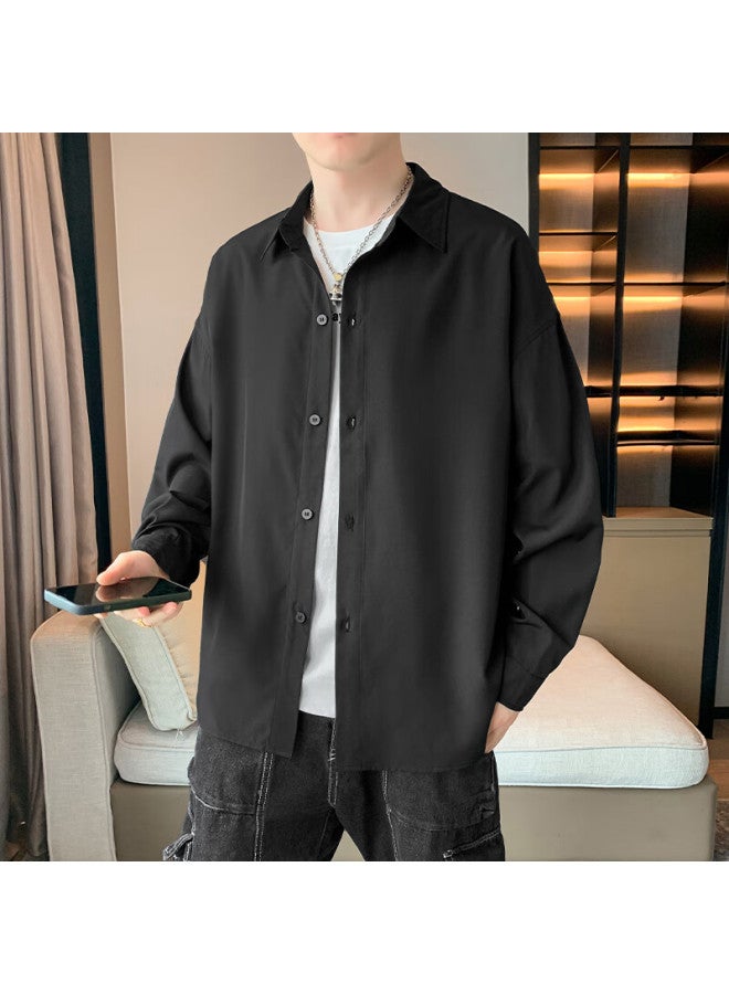 Foss Phil Men's Spring And Autumn Hong Kong Style Casual Shirt Long Sleeve Shirt Bottoming Shirt Loose Top 7304 Black M - Image 5