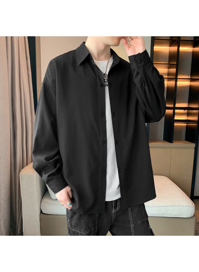 Foss Phil Men's Spring And Autumn Hong Kong Style Casual Shirt Long Sleeve Shirt Bottoming Shirt Loose Top 7304 Black M - Image 3