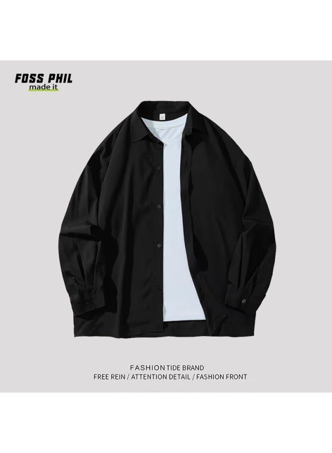 Foss Phil Men's Spring And Autumn Hong Kong Style Casual Shirt Long Sleeve Shirt Bottoming Shirt Loose Top 7304 Black M - Image 1