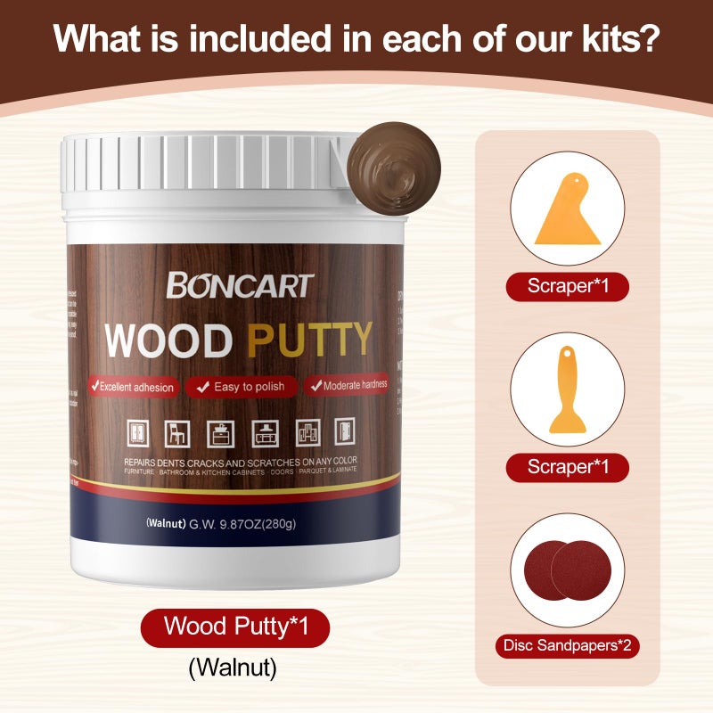 BONCART Walnut Wood Putty Filler - 9.87 Ounce Paintable Wood Filler for Furniture Repair, Quickly Repair Any Broken and Defective Wooden Furniture - Image 5
