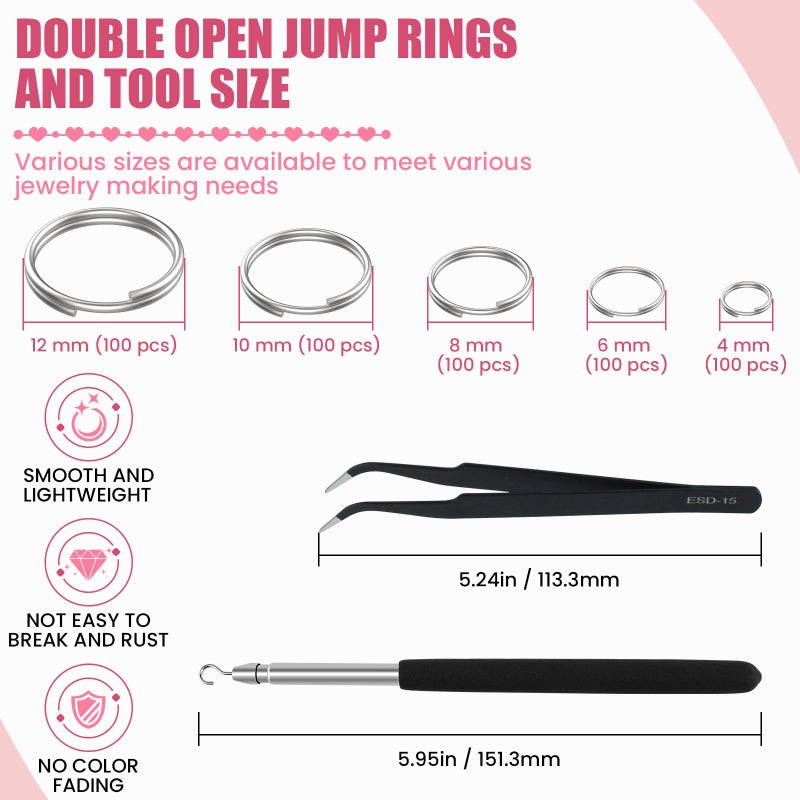 MARRTEUM 500 Pcs Double Open Jump Rings Kit, Stainless Steel Mini Round Split Craft Jump Keychains Key Ring with Double Loops Connectors for Jewelry Making, Bracelets Necklace Repair, DIY (4, 6, 8, 10, 12mm) - Image 2