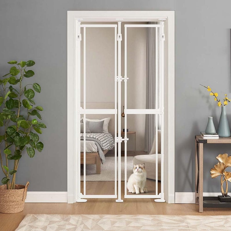 unipaws Transparent Clear Cat Safety Gate, 75"-98" Height and 35"-38" Wide Adjustable, Auto Closing and No Drilling Plus Stable 3 Support Pillars, Extra Tall for Doorway, Stairs, White - Image 1