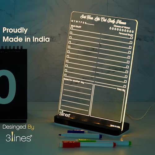 3 Lines Glowrite Illuminate Your Ideas! Acrylic LED Writing Board with USB Stand | Ideal for Home & Office | Unique Gift | Made in India | with 2 Markers | Sort Your Life Out Daily Planner |Regular - Image 5