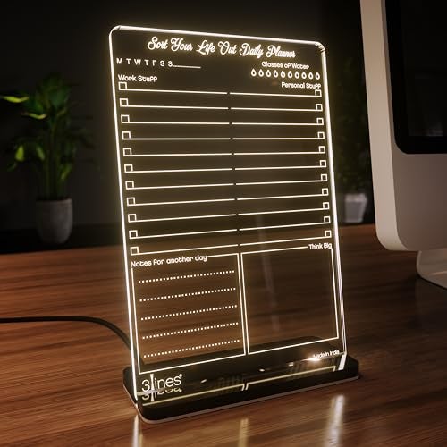 3 Lines Glowrite Illuminate Your Ideas! Acrylic LED Writing Board with USB Stand | Ideal for Home & Office | Unique Gift | Made in India | with 2 Markers | Sort Your Life Out Daily Planner |Regular - Image 1
