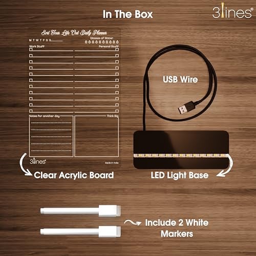 3 Lines Glowrite Illuminate Your Ideas! Acrylic LED Writing Board with USB Stand | Ideal for Home & Office | Unique Gift | Made in India | with 2 Markers | Sort Your Life Out Daily Planner |Regular - Image 4