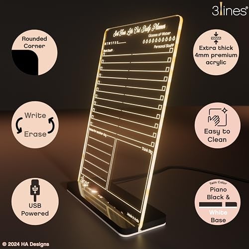 3 Lines Glowrite Illuminate Your Ideas! Acrylic LED Writing Board with USB Stand | Ideal for Home & Office | Unique Gift | Made in India | with 2 Markers | Sort Your Life Out Daily Planner |Regular - Image 2