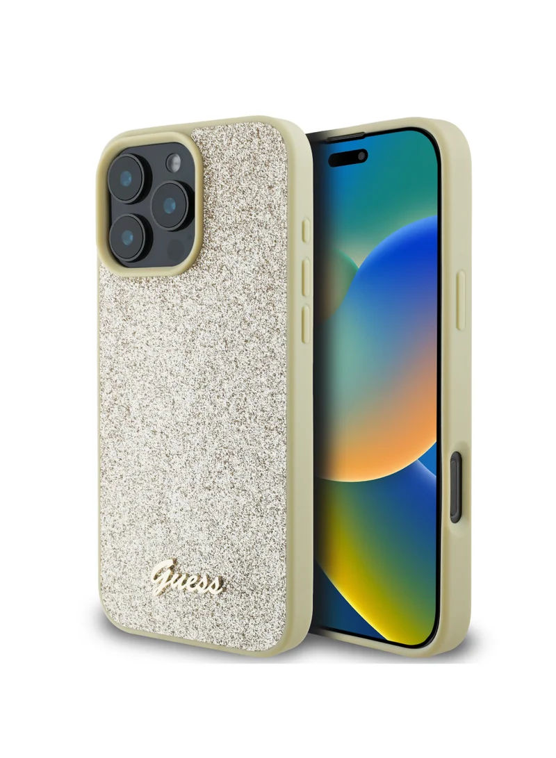 جس جراب صلب لامع ثابت مع شعار معدني مكتوب عليه لهاتف iPhone 16 Pro / تصميم نحيف / حماية من السقوط / سهل التركيب / مادة عالية الجودة / حماية إضافية - ذهبي