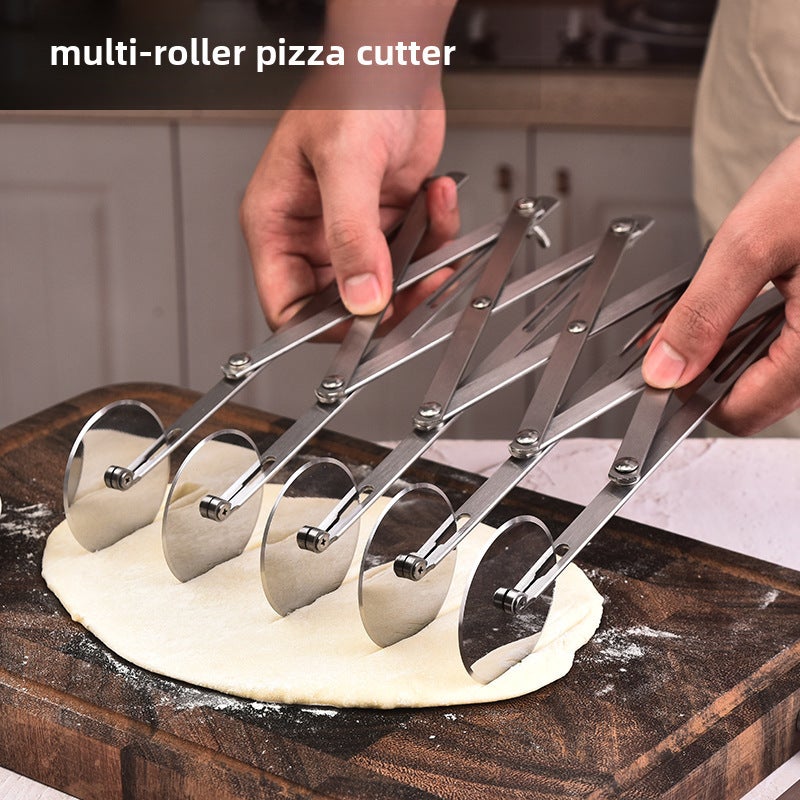 Multi-function pizza knife retractable multi-wheel oil stick knife roller knife pancake cutter single-head stainless steel noodle cutter in stock(Five-wheel pizza cutter cowhide box, Stainless steel primary color) - Image 2
