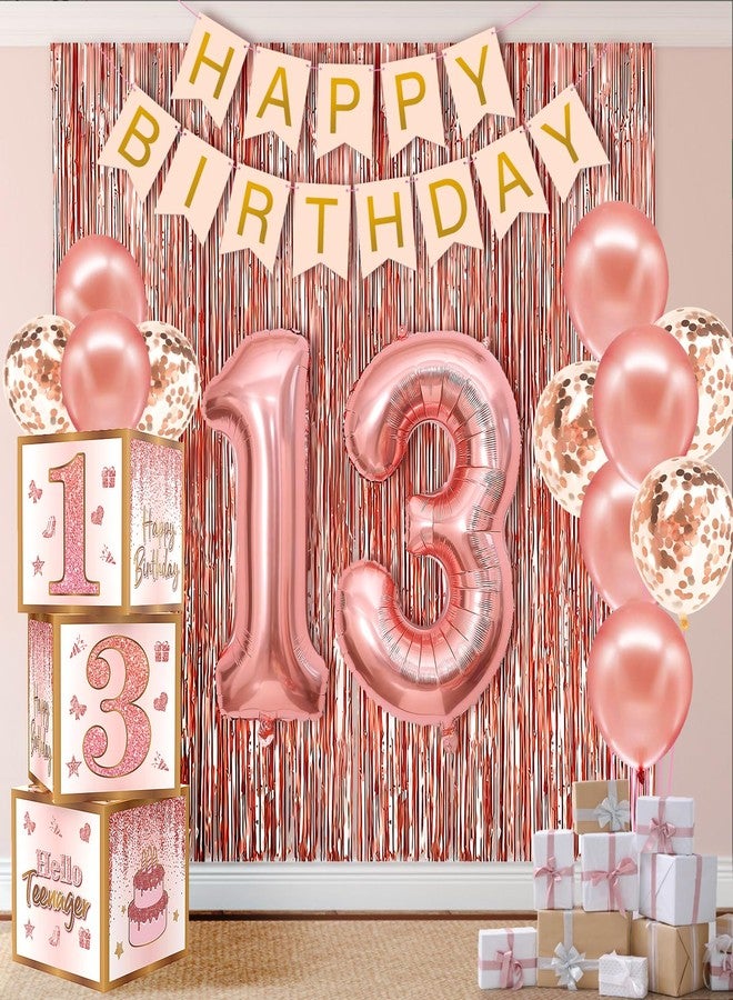 RTHPY 13th Birthday Decorations for Girls,13 Year Old Boxes Decor for Girls Women Happy official 13th teenager Birthday Kits Pink Rose Gold Number 13 Foil Balloons Party Supplies Rose Gold Tassel Curtain - Image 1