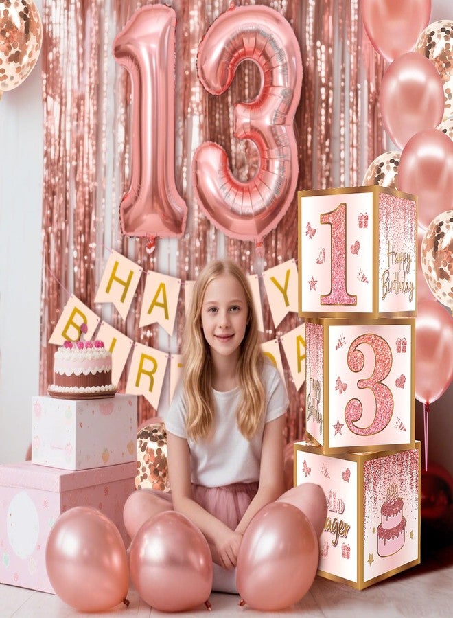 RTHPY 13th Birthday Decorations for Girls,13 Year Old Boxes Decor for Girls Women Happy official 13th teenager Birthday Kits Pink Rose Gold Number 13 Foil Balloons Party Supplies Rose Gold Tassel Curtain - Image 5