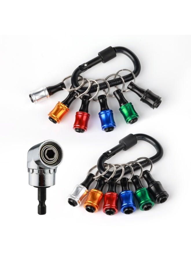 Katerk 1/4inch Hex Shank Aluminum Alloy Screwdriver Bits Holder Extension Bar Drill Screw Adapter Change Keychain Portable（2 set 6PC color with black carabiner）, Includes 105° Right Angle Drill - Image 1