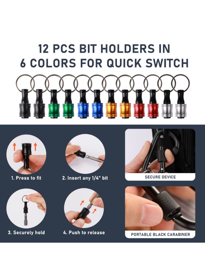 Katerk 1/4inch Hex Shank Aluminum Alloy Screwdriver Bits Holder Extension Bar Drill Screw Adapter Change Keychain Portable（2 set 6PC color with black carabiner）, Includes 105° Right Angle Drill - Image 2