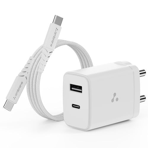 Ambrane 30W Dual Port GaN Charger, USB & Type C Fast Charging Adapter For iPhone 16/15/14/13/12/11 (Pro,Pro Max,Plus), iPad, Google Pixel, Samsung & All Type C devices BIS Certified (Charge 30, White) - Image 1