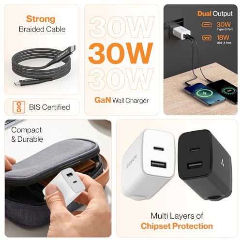 Ambrane 30W Dual Port GaN Charger, USB & Type C Fast Charging Adapter For iPhone 16/15/14/13/12/11 (Pro,Pro Max,Plus), iPad, Google Pixel, Samsung & All Type C devices BIS Certified (Charge 30, White) - Image 2