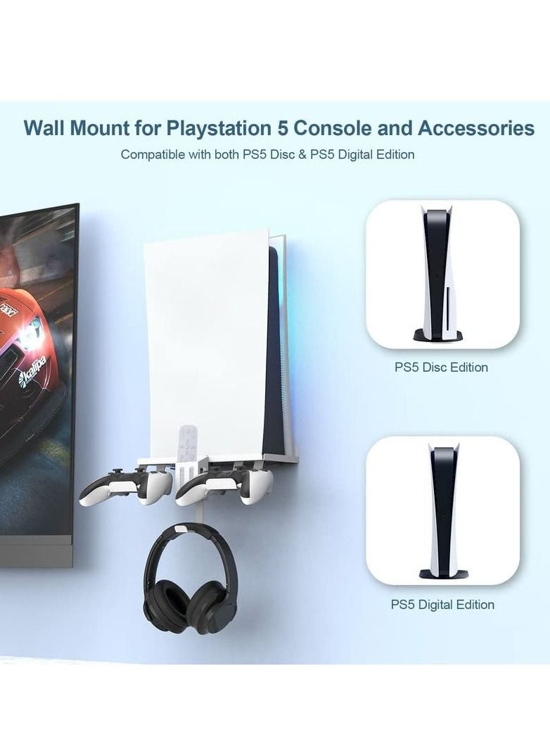 PS - White 6-in-1 Wall Mount Kit with Charging Cable for PS5 (Disc & Digital) Metal Wall Stand with 2 Detachable Controller Hanging Bracket / Remote Box / Headset Hanger with Non-Slip Mat - Image 1