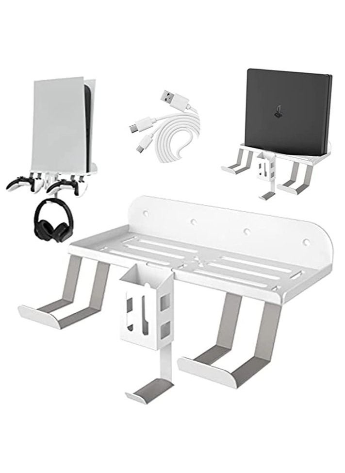 PS - White 6-in-1 Wall Mount Kit with Charging Cable for PS5 (Disc & Digital) Metal Wall Stand with 2 Detachable Controller Hanging Bracket / Remote Box / Headset Hanger with Non-Slip Mat - Image 1