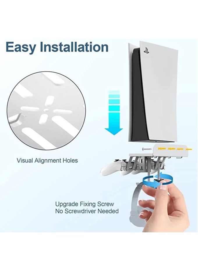 PS - White 6-in-1 Wall Mount Kit with Charging Cable for PS5 (Disc & Digital) Metal Wall Stand with 2 Detachable Controller Hanging Bracket / Remote Box / Headset Hanger with Non-Slip Mat - Image 1