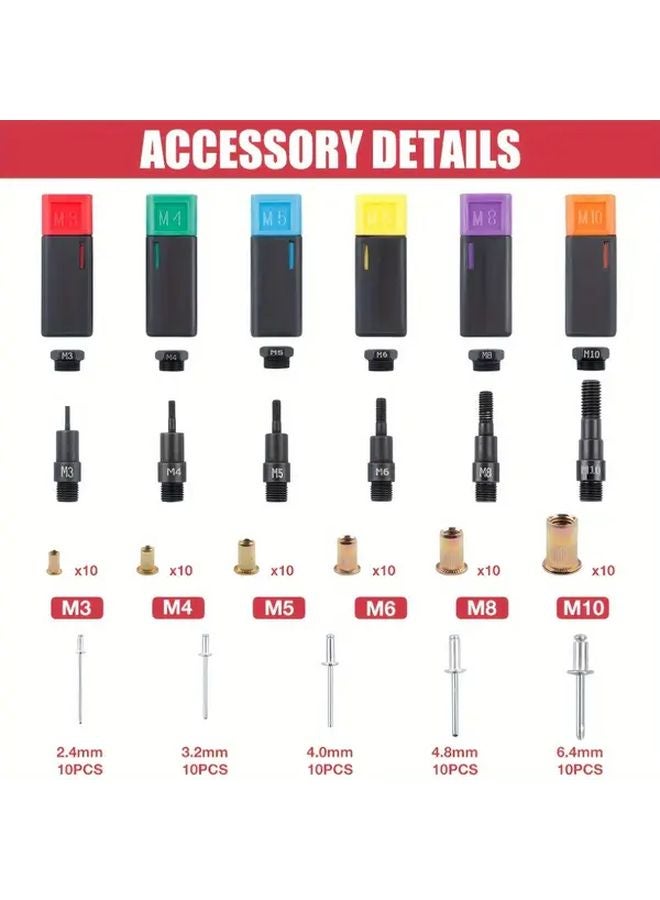 3 في 1 مجموعة أدوات صامولة البرشام مع 50 برشام، 60 صامولة، 5 رؤوس، 6 أعمدة مترية/SAE بحالة متينة - Image 4