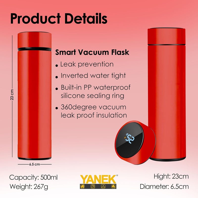 YANEK Smart Water Bottle Stainless Steel – Travel Mug with Smart LCD Touch Screen Temperature Display, Leak-Proof, Hot & Cold Beverage Flask, Ideal for Travel, Gym, Office, & Daily Use (RED) - Image 5