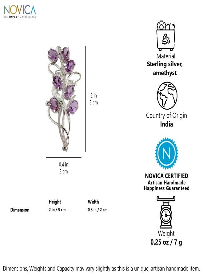 نوفيكا بروش نوفيكا المصنوع يدويًا من حجر الجمشت الزهري | فضة إسترلينية، زهرة أوركيد بنفسجية متألقة | مجوهرات مضادة للحساسية | حجر الجمشت الكريم | خالٍ من الرصاص والنيكل | باقة هندية ساحرة، 2 بوصة طول × 0.8 بوصة عرض - Image 4