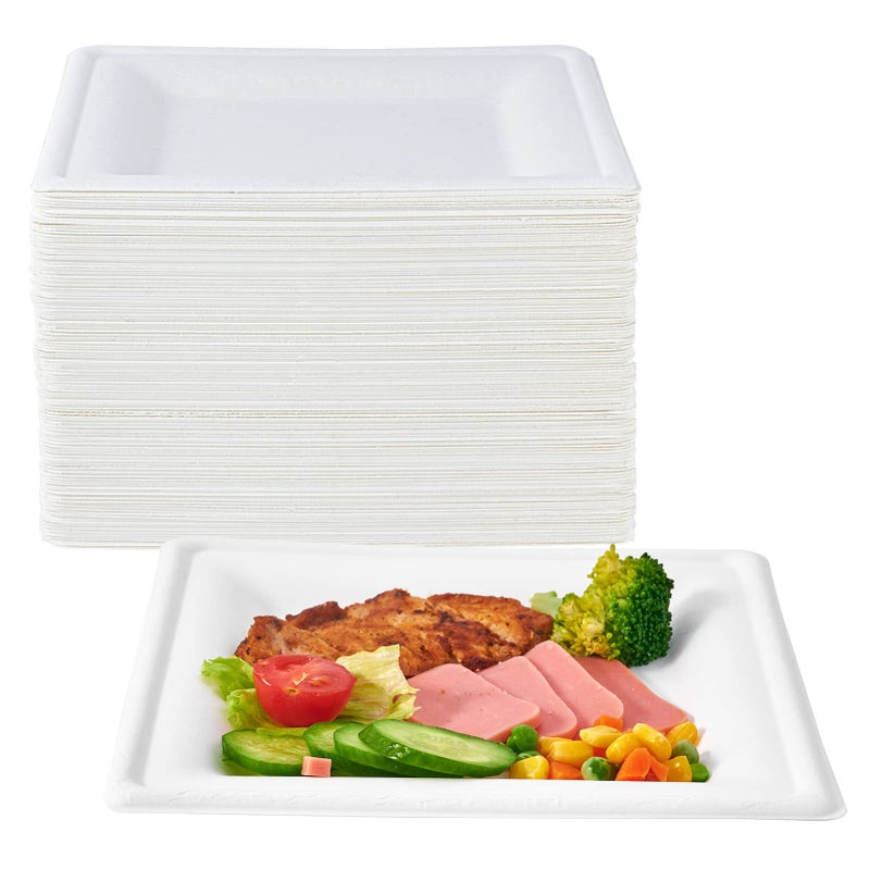 ECOLipak 150 Piecs Square Paper Plates 8inch Compostable Disposable Plates Ecofriendly Heavy Duty Biodegradable Sugarcane Plates for Party Dinner Birthday