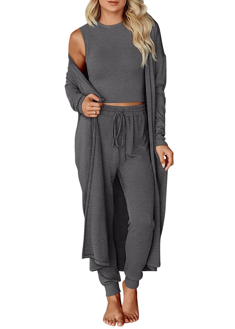KIRUNDO 3 Piece Lounge Sets for Women Airport Travel Vacation Outfits Spring Cardigan Matching Sleeveless Top Jogger Pants(Dark Grey, Small) - Image 1