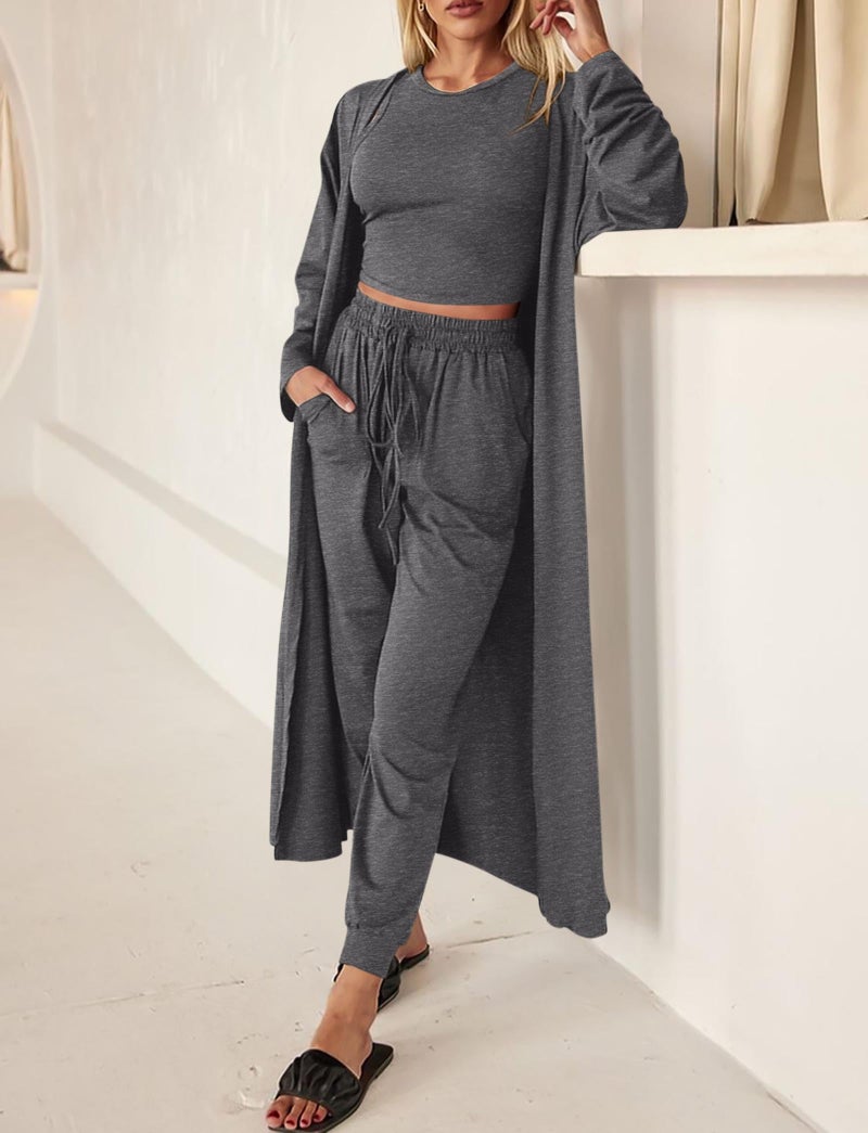 KIRUNDO 3 Piece Lounge Sets for Women Airport Travel Vacation Outfits Spring Cardigan Matching Sleeveless Top Jogger Pants(Dark Grey, Small) - Image 4