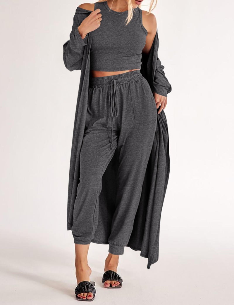 KIRUNDO 3 Piece Lounge Sets for Women Airport Travel Vacation Outfits Spring Cardigan Matching Sleeveless Top Jogger Pants(Dark Grey, Small) - Image 3