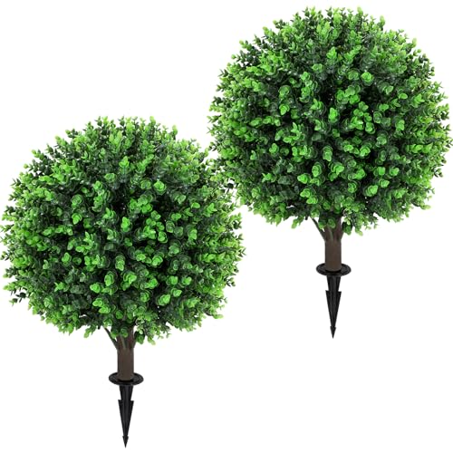 Jasmpig Artificial Green Eucalyptus Topiary Ball Tree 24" with Ground Spike, Set of 2 Artificial Boxwood Bushes for Faux Shrubs, Fake Evergreen Faux Plant for Indoor Outdoor Garden -UV Resistant–Fade-Proof - Image 1