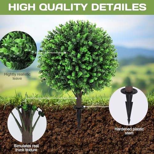 Jasmpig Artificial Green Eucalyptus Topiary Ball Tree 24" with Ground Spike, Set of 2 Artificial Boxwood Bushes for Faux Shrubs, Fake Evergreen Faux Plant for Indoor Outdoor Garden -UV Resistant–Fade-Proof - Image 3