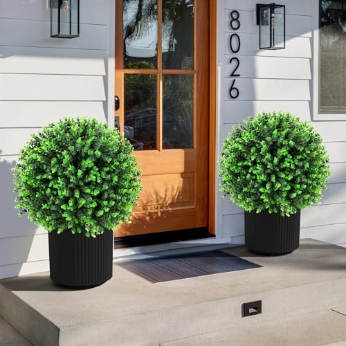 Jasmpig Artificial Green Eucalyptus Topiary Ball Tree 24" with Ground Spike, Set of 2 Artificial Boxwood Bushes for Faux Shrubs, Fake Evergreen Faux Plant for Indoor Outdoor Garden -UV Resistant–Fade-Proof - Image 5
