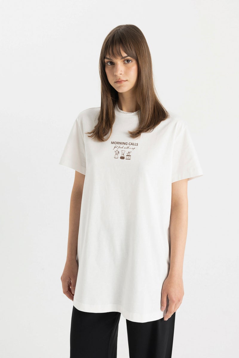 DeFacto Woman Crew Neck Printed Short Sleeve T-Shirt Tunic - Image 1