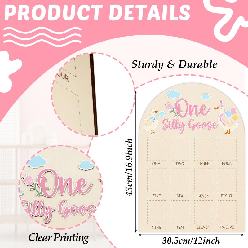 Naozinebi One Silly Goose Photo Board Goose Themed Birthday Party Decoration Wooden Board 12 Monthly Milestone Picture Frame One Year Old 1st Birthday Banner for Baby Girl Keepsake Gift Supply(Fit 2x2.8in Pic) - Image 2