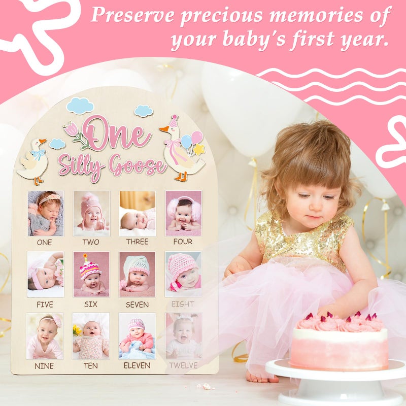 Naozinebi One Silly Goose Photo Board Goose Themed Birthday Party Decoration Wooden Board 12 Monthly Milestone Picture Frame One Year Old 1st Birthday Banner for Baby Girl Keepsake Gift Supply(Fit 2x2.8in Pic) - Image 5