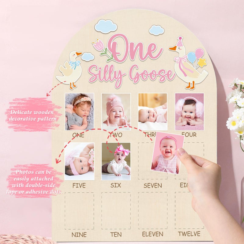 Naozinebi One Silly Goose Photo Board Goose Themed Birthday Party Decoration Wooden Board 12 Monthly Milestone Picture Frame One Year Old 1st Birthday Banner for Baby Girl Keepsake Gift Supply(Fit 2x2.8in Pic) - Image 3
