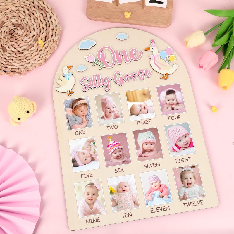 Naozinebi One Silly Goose Photo Board Goose Themed Birthday Party Decoration Wooden Board 12 Monthly Milestone Picture Frame One Year Old 1st Birthday Banner for Baby Girl Keepsake Gift Supply(Fit 2x2.8in Pic) - Image 4