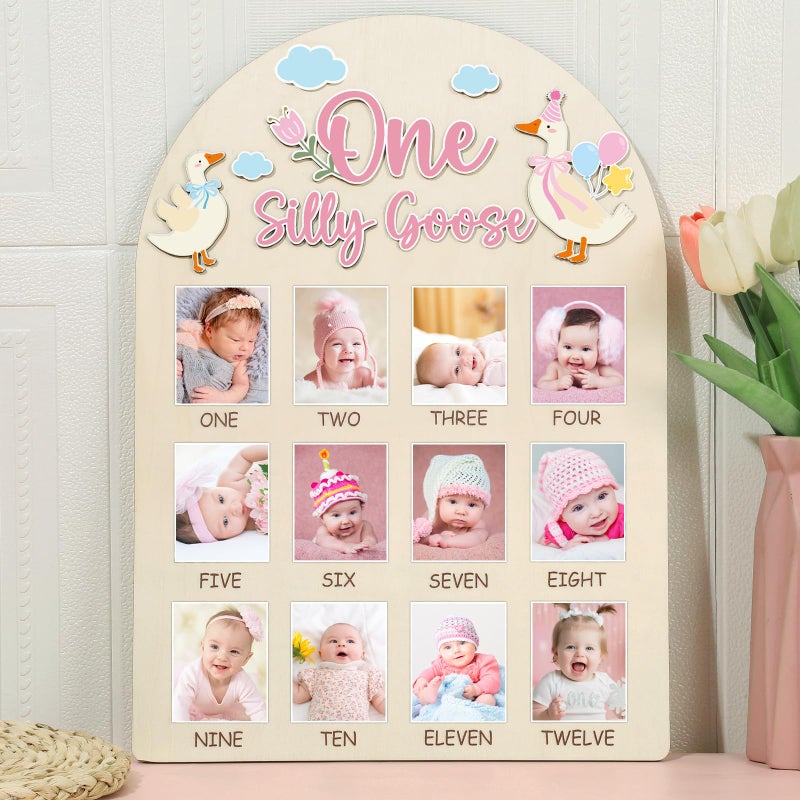 Naozinebi One Silly Goose Photo Board Goose Themed Birthday Party Decoration Wooden Board 12 Monthly Milestone Picture Frame One Year Old 1st Birthday Banner for Baby Girl Keepsake Gift Supply(Fit 2x2.8in Pic) - Image 1