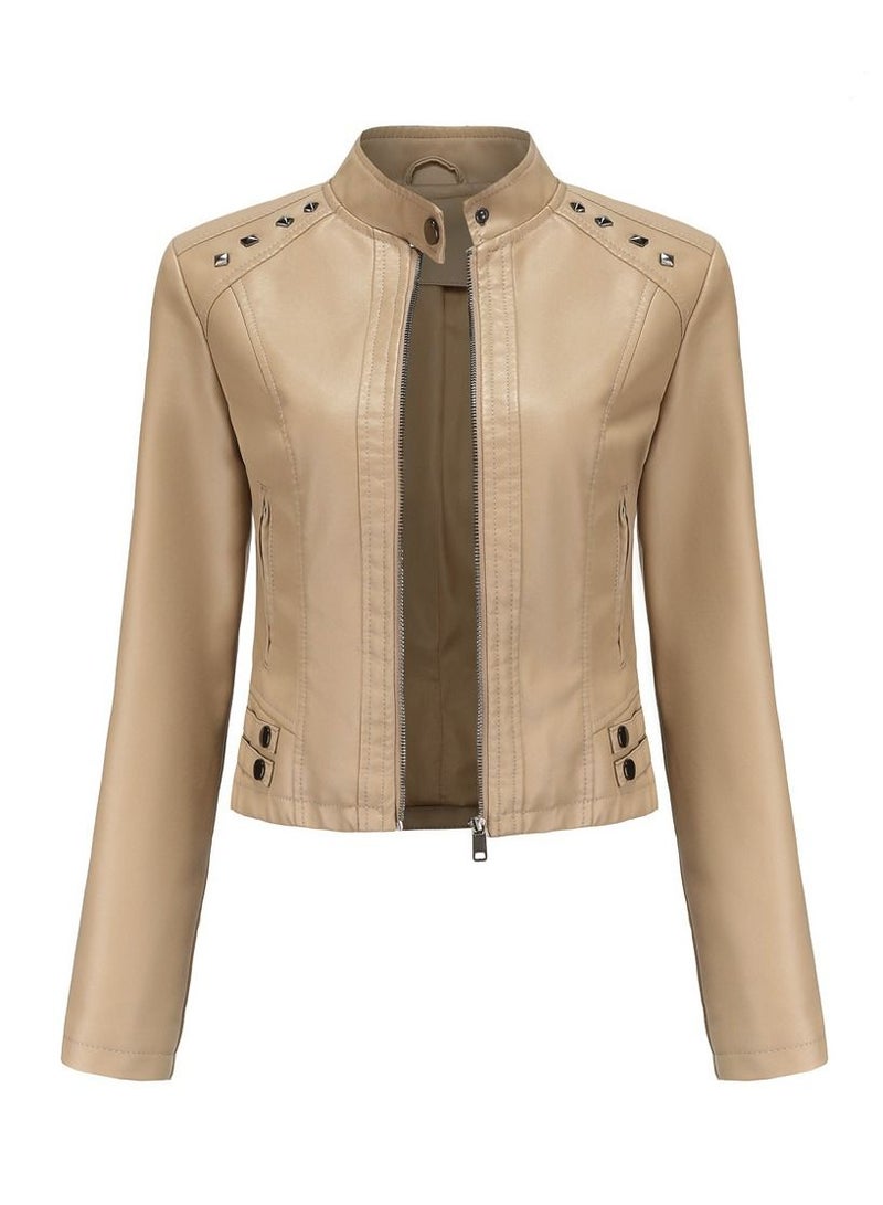 Loquat Women's New Riveted Leather Stand Neck Fashion Jacket Apricot - Image 1